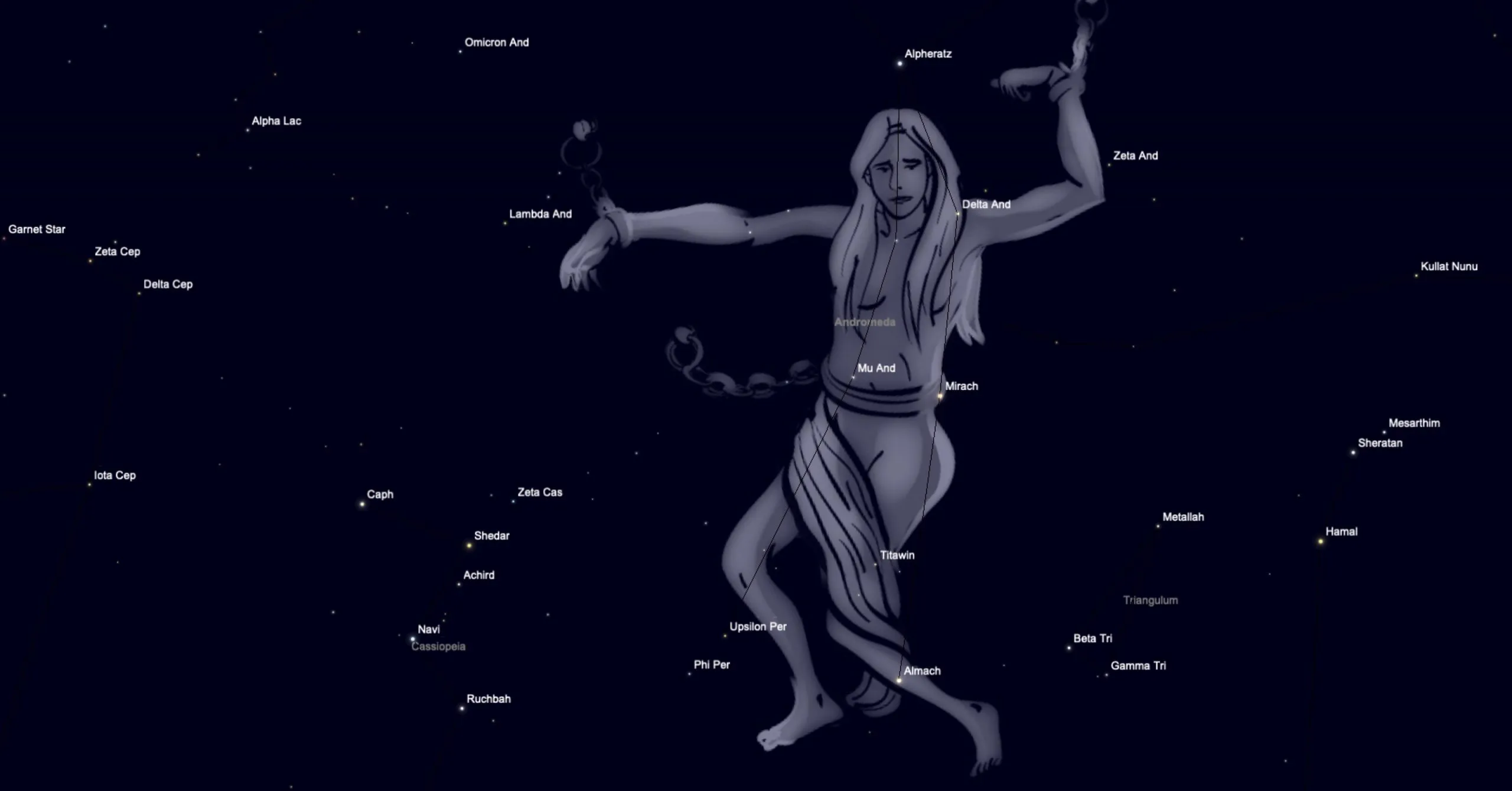 The mythical figure of Andromeda the chained princess overlaid against the constellation's stars