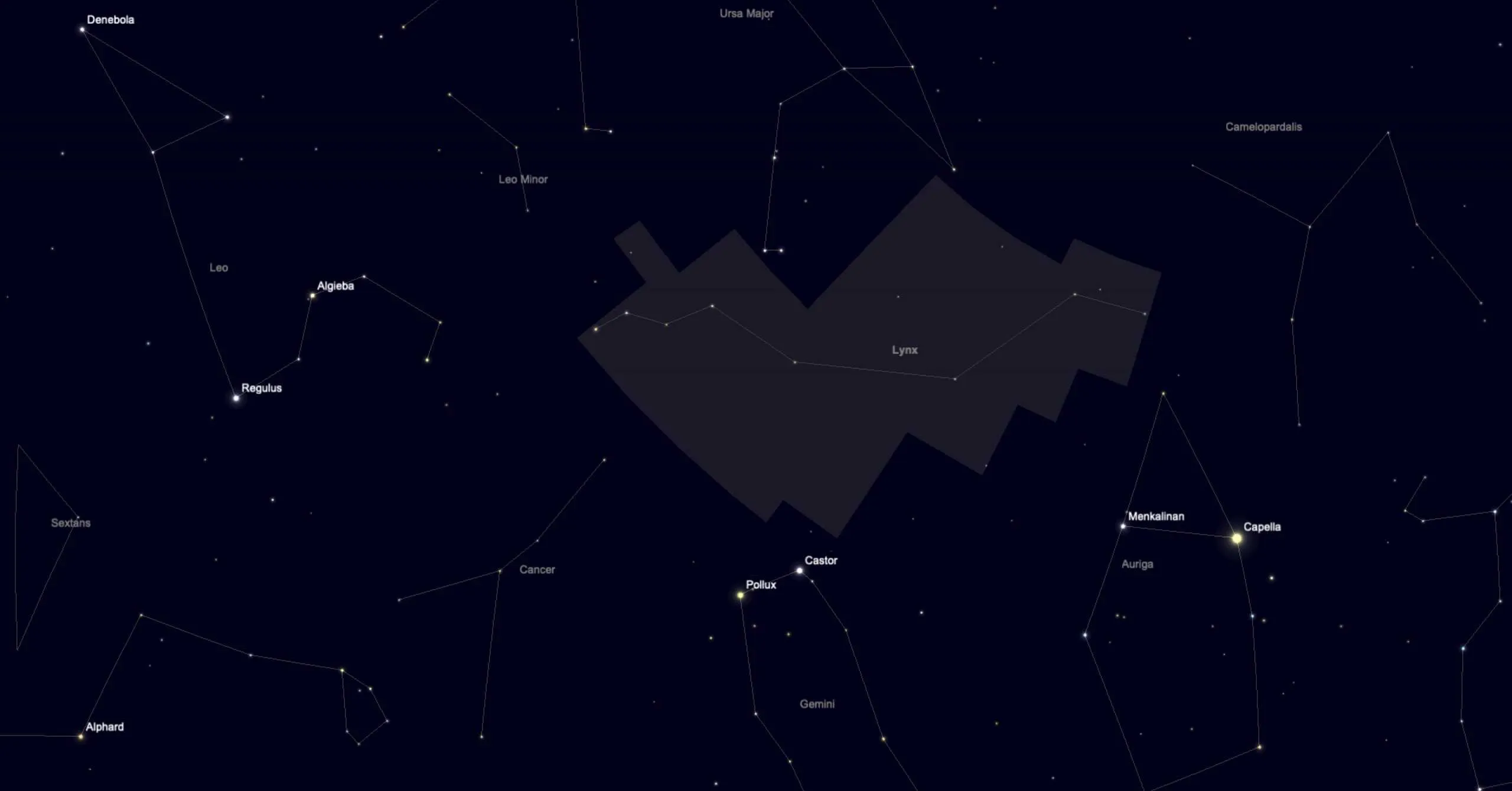 Star map showing the proximity of the constellation of Lynx to those of Cancer and Leo